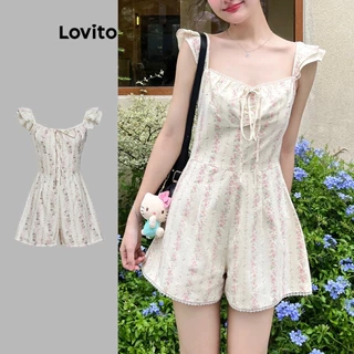 Lovito Bộ đồ liền thân cổ bèo nhún họa tiết hoa giản dị dành cho nữ L112ED709