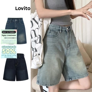Lovito - Quần Short Jean Cạp Cao Denim Có Túi Màu Trơn LNA19020
