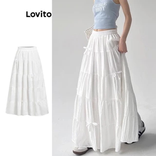 Lovito Váy xếp nếp xếp tầng có nơ đơn giản lãng mạn dành cho nữ L98AD095