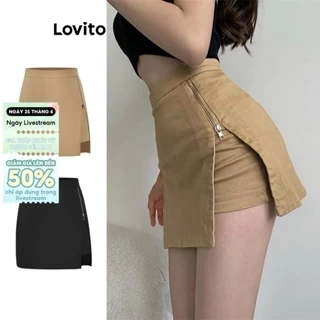 Quần short Lovito phối dây kéo xẻ tà màu trơn phong cách preppy cho nữ L59ED161 (Kaki)