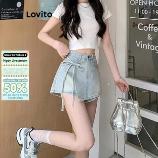 Quần short Lovito vải denim bất đối xứng màu trơn thời trang thường ngày cho nữ LNE66508