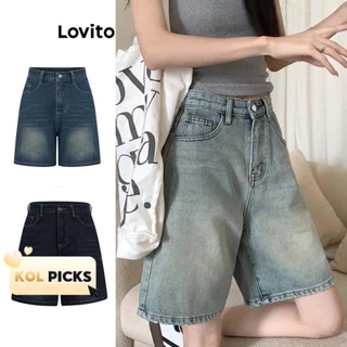 Quần short nữ jean cạp cao denim Lovito có túi màu trơn thường ngày cho nữ LNA19020 (Nhiều màu)