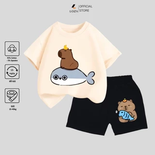 Bộ đồ Capybara cưỡi cá heo mẫu mới 2025 cho bé trai size từ 15-40kg - Quần áo bé trai Loza Kids SB107