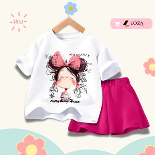Bộ đồ cho bé gái in hình bé gái nơ hồng hot trend 2025 - Quần áo trẻ em nữ size từ 15-40kg-  Loza Kids SB354