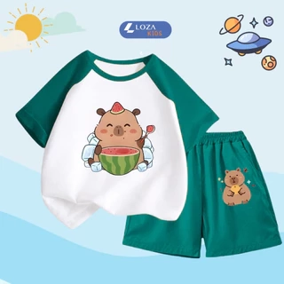 Bộ quần áo trẻ em nam nữ in hình Capybara - Đồ bộ cho bé cân nặng từ 15-40kg- Loza Kids BD031