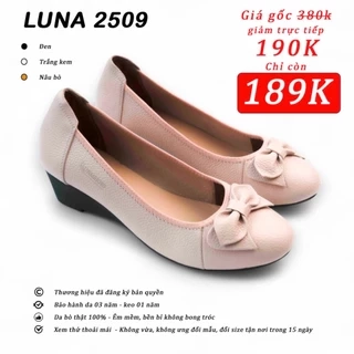GIày búp bê nữ LUNASHOES 2509 đế xuồng 3cm da bò mềm êm chân có nơ mũi vuông bảo hành 3 năm