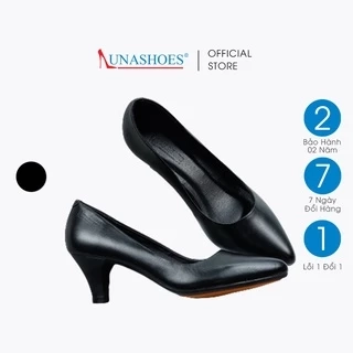 Giày cao gót nữ 5p da bò thật đế vuông mũi nhọn LUNASHOES 5702 mềm êm chân màu đen bảo hành 2 năm