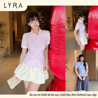 Áo sơ mi kẻ sọc ngắn tay LYRA phối cổ trắng thiết kế tay bo viền dáng ôm, dây rút sau eo - LWNSM007
