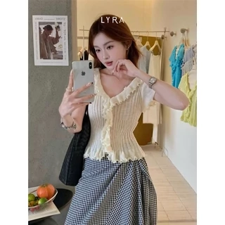 Áo Thun Cách Điệu LYRA Cổ V Viền Bèo Nhún, Tay Cộc Dáng Ôm Phong  Cách Tiểu Thư Hàn Quốc Nhẹ Nhàng Trẻ Trung - CSYAC0294
