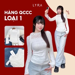 Áo thun dài tay LYRA, áo thun dáng ôm body cổ tròn cách điệu phối ren buộc nơ cổ nữ tính - LWNAO020