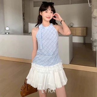 LYRA - Áo Yếm Kẻ Cách Điệu Dây Nơ Viền Ren Nhún Eo Phong Cách Tiểu Thư Hàn Quốc - CSYAC0290