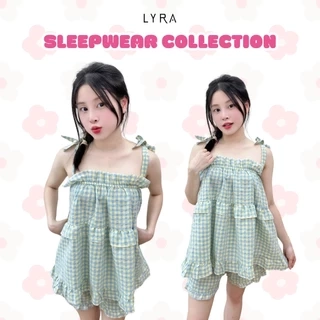 LYRA - Bộ đồ ngủ hè 2 dây thắt nơ dáng babydoll, set đũi pijama họa tiết caro freesize thoải mái thoáng mát - LWNSE011