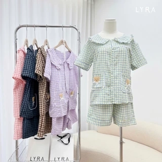 LYRA - Bộ đồ ngủ nữ ngắn tay kẻ caro cổ sen túi gấu, Set đũi hè pijama nhiều màu thoáng mát mặc ở nhà - LWNSE015