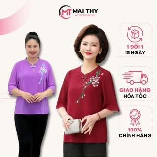 Áo Thêu Trung Niên MAI THY 771, Mẫu Sơ Mi Nữ Form Rộng Cổ Tàu Thêu Hoa Mai Chất Voan Hàn | Thời Trang Trung Niên U50