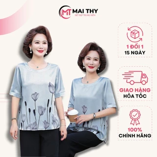 Áo Trung Niên Nữ, Mẫu Sơ Mi Lụa Họa Tiết Hoa 3D Ngắn Tay Cho Mẹ U60 | Thời Trang Trung Niên MAI THY