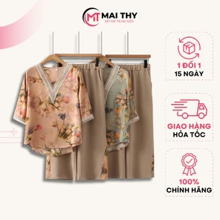 Bộ Đồ Trung Niên S602, Set Quần Áo Nữ Cho Mẹ Chất Lụa Cổ V Phối Ren Tay Lỡ Hoa Tulip | Thời Trang MAI THY U60