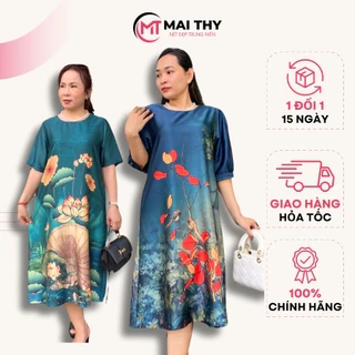 Đầm Thiết Kế MAI THY, Mẫu Váy Đi Tiệc Sang Trọng Cho Mẹ Cổ Tròn Ngắn Tay Bigsize Chất Lụa Latinh In 3D Lịch Sự Trang Nhã