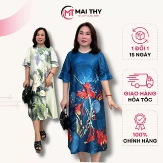 Đầm Trung Niên MAI THY, Kiểu Váy Ngắn Tay In 3D Cho Mẹ Đi Tiệc Lịch Sự | Thời Trang Trung Niên U60