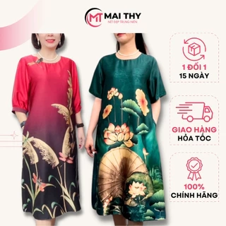 Đầm Trung Niên Thiết Kế MAI THY, Mẫu Váy Suông Tặng Mẹ Đi Tiệc Sang Trọng Ngắn Tay Chất Lụa Latinh | Thời Trang Nữ U50