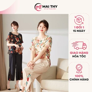 Set Trung Niên Nữ MAI THY S901, Bộ Đồ Áo Voan Hoa Phối Quần Lụa 9 Tấc Ngắn Tay Sang Trọng | Thời Trang Trung Niên U40