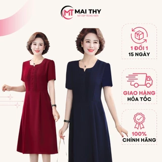 Váy Trung Niên MAI THY D529, Mẫu Đầm Đi Tiệc Cotton Lụa Xếp Ly Phối Nút Tôn Dáng Sang Trọng | Thời Trang Trung Niên U40