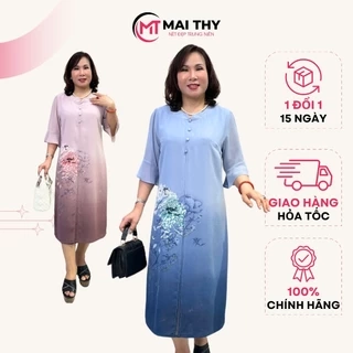 Váy Trung Niên MAI THY D804, Mẫu Đầm Cho Mẹ Đi Tiệc Xẻ Tà Cổ Tàu Tay Lỡ | Thời Trang Trung Niên U50