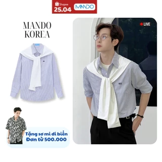 Áo Sơ Mi Kẻ Sọc Xanh MANDO Chất Liệu Vải Oxford Dày Dặn Đứng Form Phong Cách Hàn Quốc "Tặng Kèm Khăn" - SHT027