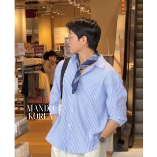 Áo Sơ Mi MANDO Oxford Kẻ Sọc Xanh Phối Trắng Dài Tay Form Rộng Unisex Style Phong Cách Hàn Quốc - SHT048
