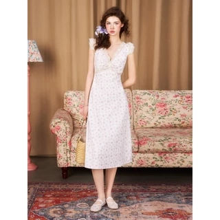 Đầm Midi MARC FASHION Họa Tiết Hoa Cổ V Phối Ren - FAVH011025