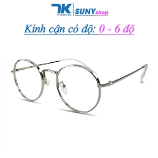Kính cận có độ 0 - 6 độ nam nữ mắt tròn, gọng kim loại 7K3019. Tròng 0 độ chống ánh sáng xanh tia UV