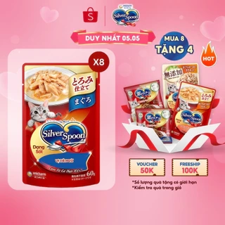Combo 8 Thức ăn ướt cho mèo Silver Spoon dạng sốt/dạng thạch 60g/gói (nhiều vị)