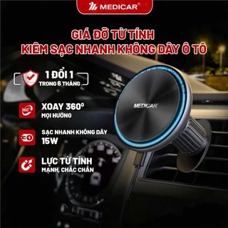 Giá đỡ từ tính kiêm sạc nhanh không dây ô tô 15W Medicar V3, kẹp điện thoại xe hơi 2 trong 1