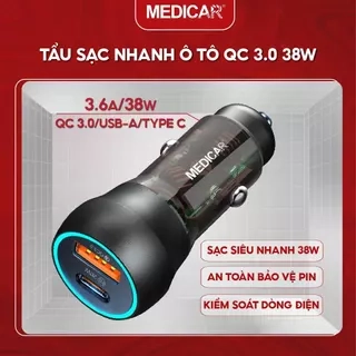 Tẩu sạc siêu nhanh ô tô 38W Medicar QC 3.0, cổng kép USB-A & Type C, cốc sạc nhanh xe hơi 12-24V chống cháy nổ