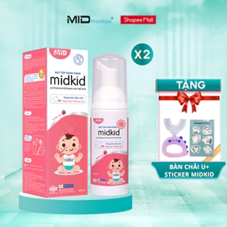 Combo 2 hộp Bọt tâp đánh răng Midkid vị dâu 60ml - Tặng Bàn chải U hình thú ngẫu nhiên + Sticker