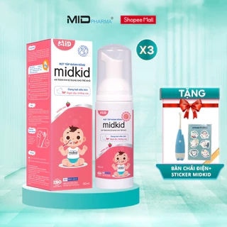 Combo 3 hộp Bọt tâp đánh răng Midkid vị dâu 60ml  cho bé từ 1 tuổi - Tặng Bàn chải điện + Sticker