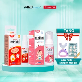 Combo Xịt chống sâu răng Midkid vị táo + Bọt tập đánh răng vị dâu - Tặng Bàn chải U hình thú ngẫu nhiên + Sticker
