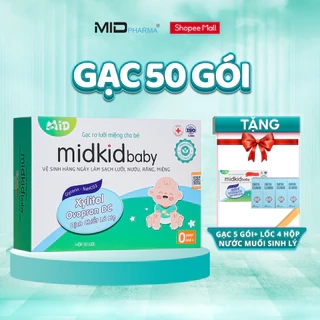 Gạc rơ lưỡi MidkidBaby hộp 50 gói ướt cho bé sơ sinh - Tặng hộp gạc 5 gói + Lốc 4 hộp nước muối sinh lý