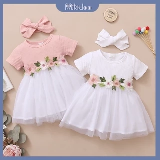 Đầm công chúa MIKRDOO tay ngắn đính hoa thêu + băng đô thiết kế thời trang phong cách mùa hè cho bé gái 0-3 tuổi