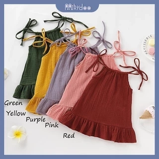 Đầm hai dây MIKRDOO bằng vải lanh cotton màu trơn dễ thương thời trang mùa hè cho bé gái 1-5 tuổi