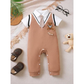 Áo liền quần mùa hè Dapper cho bé trai 1-18 tháng: Bộ đồ liền thân ngắn tay phong cách 2 trong 1 có dây buộc nơ & thêu gấu hoạt hình – Họa tiết gân & đóng cửa