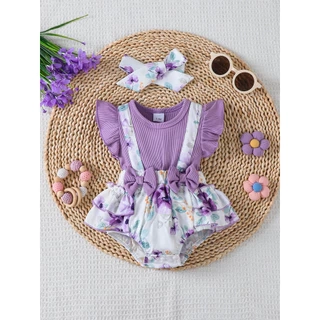 Bộ 2 món mùa hè ngọt ngào dành cho bé gái 1-18 tháng: Bộ đồ liền thân tay mềm mại in nơ hoa + Băng đô phù hợp – Đóng cửa nhanh