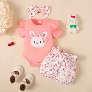 Bộ áo liền quần tay thêu lông tơ 3 mảnh cho bé gái mùa hè + Quần short in hoa + Băng đô - Bộ trang phục dễ thương thông thường