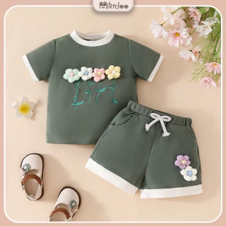 Bộ dành cho trẻ sơ sinh & trẻ mới biết đi 0-4 tuổi Áo sơ mi ngắn tay cổ tròn in họa tiết in hoa và ren màu trơn được ghép nối với quần Short màu trơn Bộ kỳ nghỉ
