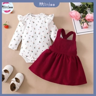 Bộ Váy Cho Bé Mikroo Baju Cho Bé Gái 0-24 Tháng 2PICS Cotton-Polyester Phối Vải In Hoa Body + Đầm Công Chúa Màu Đỏ Trơn Mặc Thường Ngày