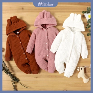 MIKRDOO  Áo liền quần trẻ em tay dài có mũ trùm đầu màu trơn dành cho bé trai và bé gái 0-18 tháng tuổi