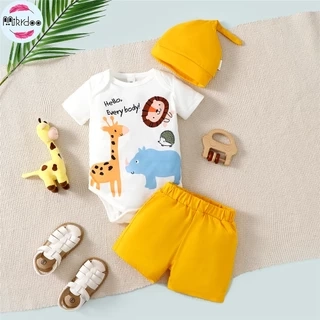 Set Đồ Mùa Hè 3 Món Gồm Áo Liền Quần Tay Cộc In Họa Tiết Hươu Cao Cổ + Quần Ngắn + Nón In Họa Tiết Cho Bé Trai 0-2 Tuổi