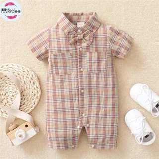 Sơ sinh baby boy gentlemen's bodysuit turn-down tay ngắn kẻ sọc romper Áo liền quần quần áo dự tiệc hàng ngày