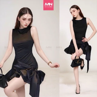 Đầm đen dự tiệc MINA hở lưng dáng xoè ngắn chất Cotton Nhật phối Lụa MN302