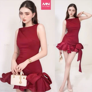 Đầm đỏ đô dự tiệc MINA hở lưng dáng xoè ngắn chất Cotton Nhật phối Lụa MN302