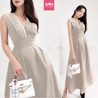 Đầm dự tiệc MINA dáng xoè midi cổ chữ V xếp ly ngực sát nách màu đen sang trọng quyến rũ xinh đẹp MN182